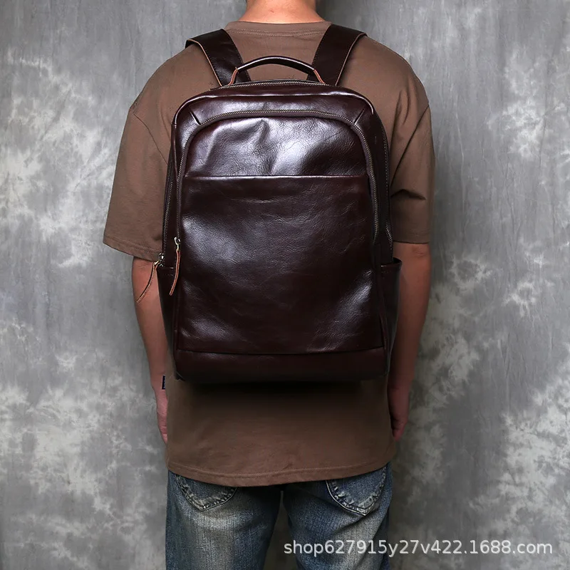 New Men's Full-Grain Leather Backpack Large Capacity Travel & Business Laptop Bag, Durable Anti-Theft Design with Water-Resis