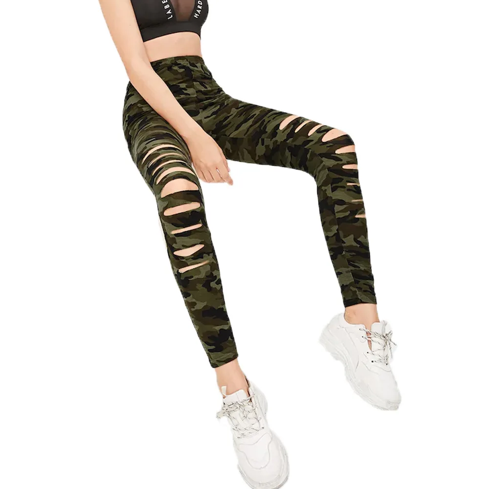 Green Camo Leggings Women Casual Sport Hollow Out Slim Hip Push Up Silk Milk Fashion Print Trousers High Waist Fitness Leggins