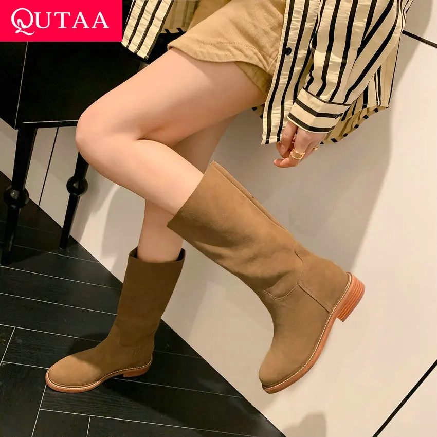 

QUTAA 2024 Women Mid-Calf Boots Fashion Round Toe Med Heel Slip On Cow Suede Leather Shoes Woman Autumn Winter Size 34-40