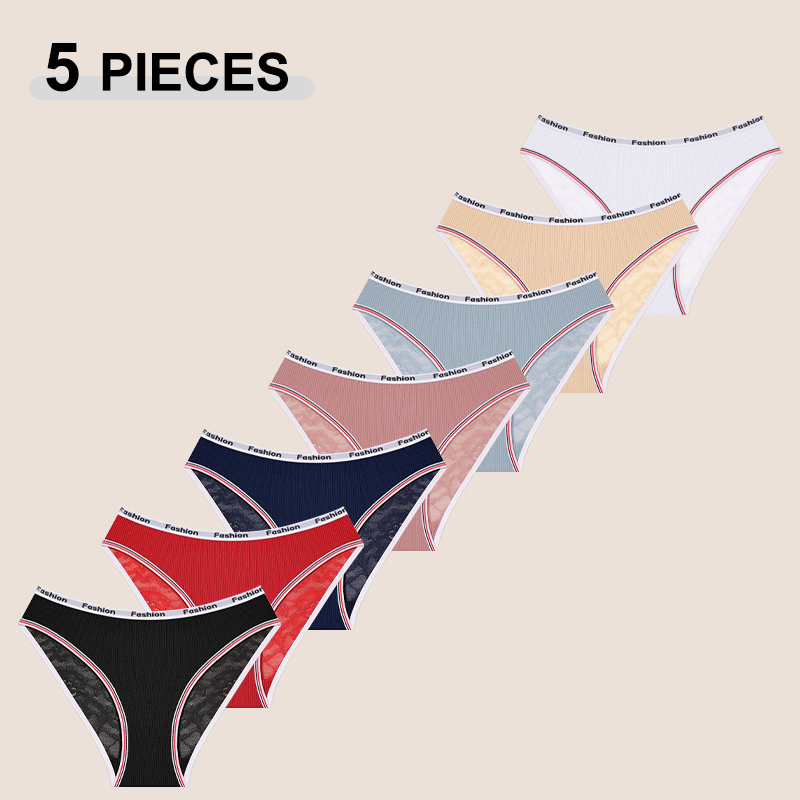 New 5Pcs/Set Women's Cotton Panties Sexy Lace Low Waist Briefs Seamless Cozy Breathable Underpants Fashion Transparent Lingerie