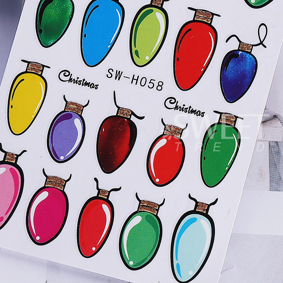2pcs Christmas Light Bulb Nail Art Stickers 3D Colorful Light Bulb Pattern Design Adhesive Nail Decals DIY Manicure Decor Slider
