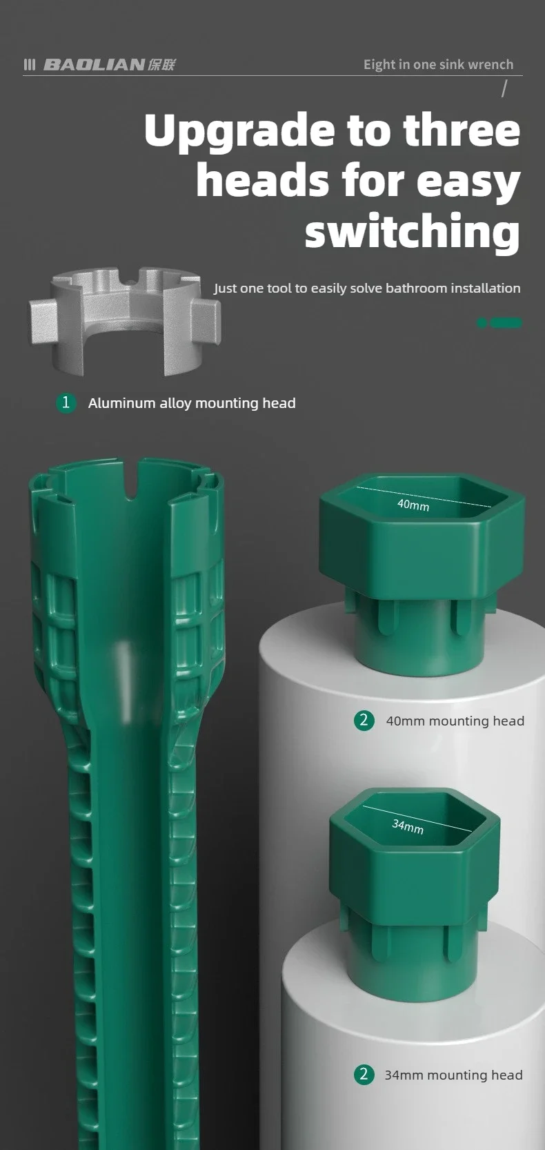 BAOLIAN 5-in-1 8-in-1 Rutschfester Spülbecken-Wasserhahn-Schlüssel Küchen- und Badezimmer-Reparaturwerkzeug Sanitär-Montageschlüssel Installationswerkzeug – Detail 12