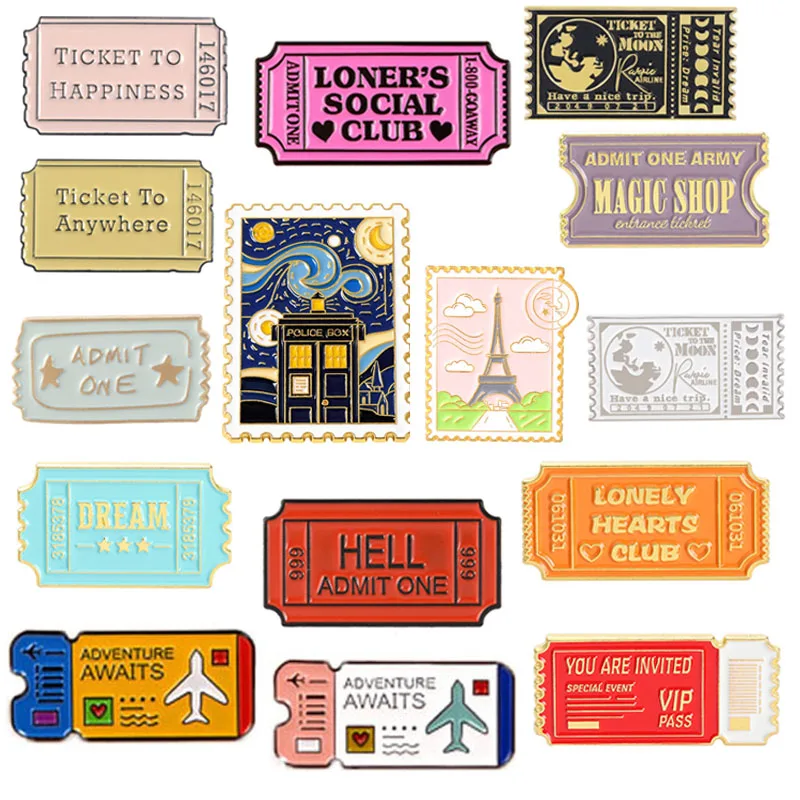 

Creative Airline Ticket Enamel Brooch Magic Shop Movie Ticket Lonely Club Stamp Oil Drop Badge Art Punk Jewelry Lapel Pins Gift