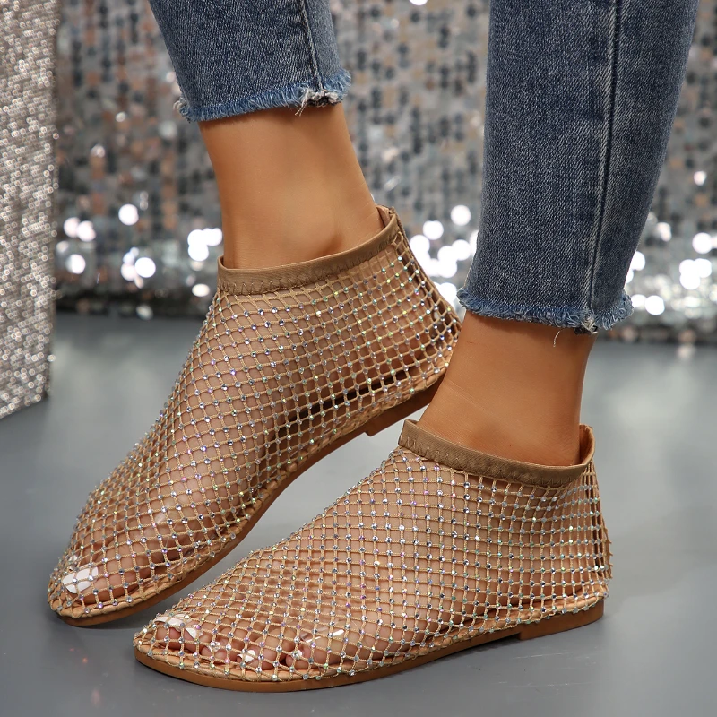 2024 여성용 광택 라인스톤 디자이너 메쉬 편안한 샌들, 브랜드 디자이너 플랫 미끄럼 방지 플립 플롭, 여름 새로운 스타일