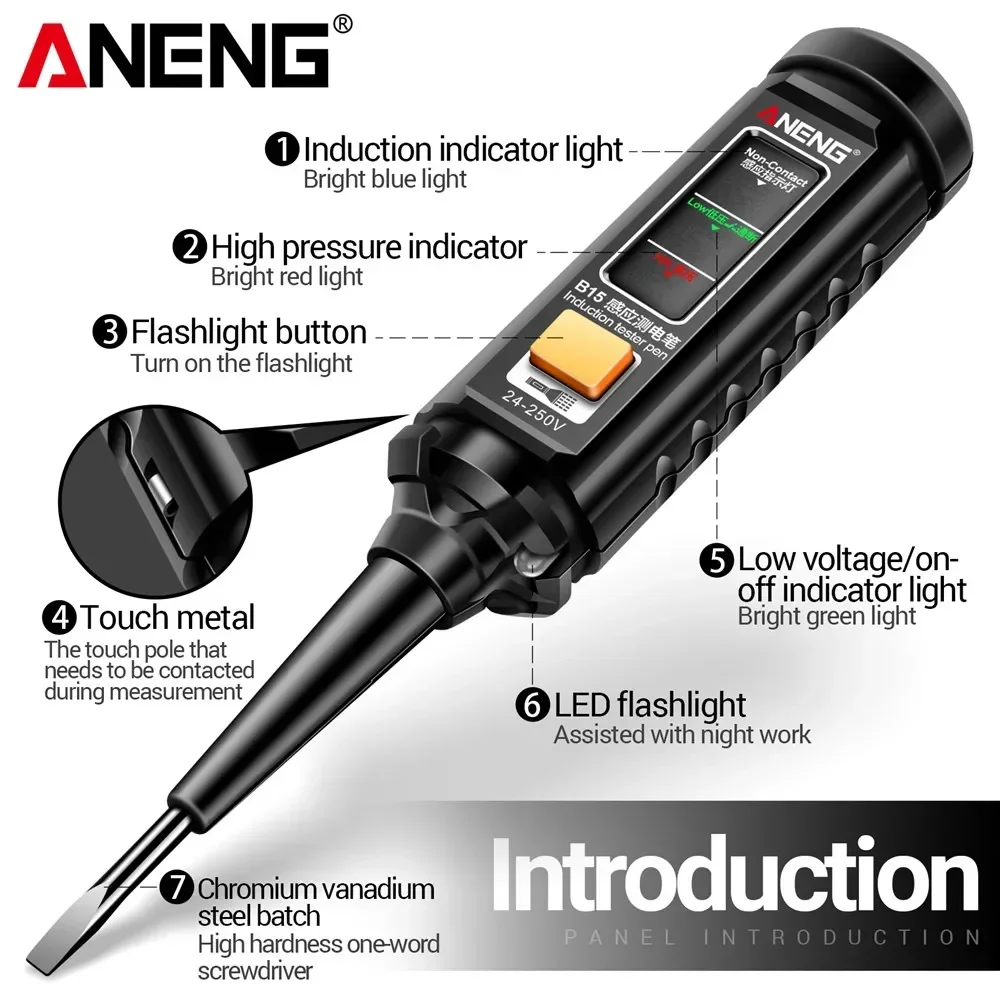 Voltage Tester ANENG B15 Multifunction Voltage Tester Pen Detector Induction AC 24V-250V Voltmeter NCV Wire Line breakpoint electrician Tools