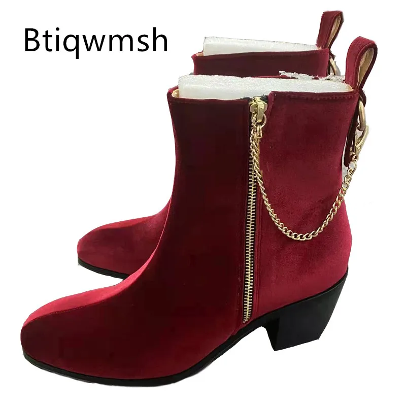 

Red Luxury Velvet Ankle Boots man Pointed Toe Gold Chain high Heels For Men Fashion Wine Party Shoes Winter
