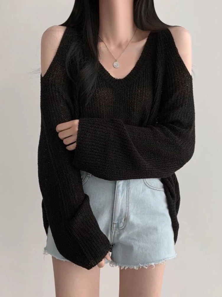 Korean Dongdaemun Off Shoulder Long Sleeve Sweater V-Neck Oversize Pullover Elegant Youth Sexy Knitwear