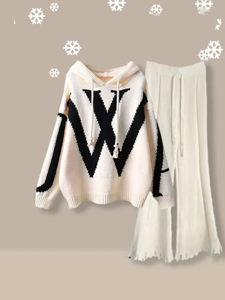 Spring Gentle Style Women's 2023 New Korean Versatile Hooded Sweater Slim High Waist Knitted Pants Two Piece Set