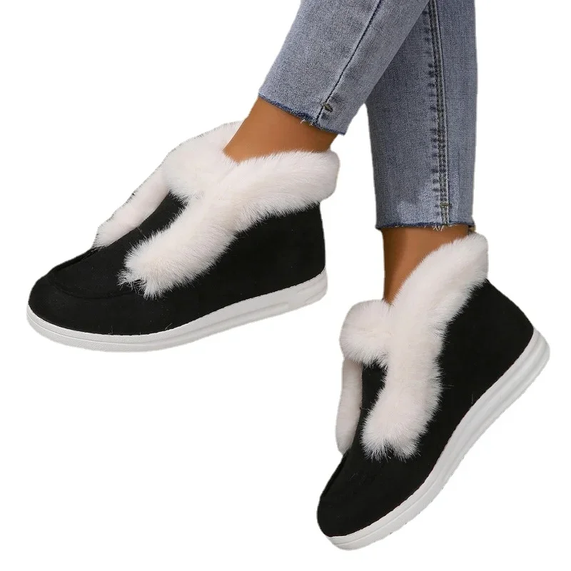 Women Designer Suede Leather Booties Winter New Warm Plush Fur Snow Boots Ladies Slip on Non-slip Platform Shoe Zapatos De Mujer
