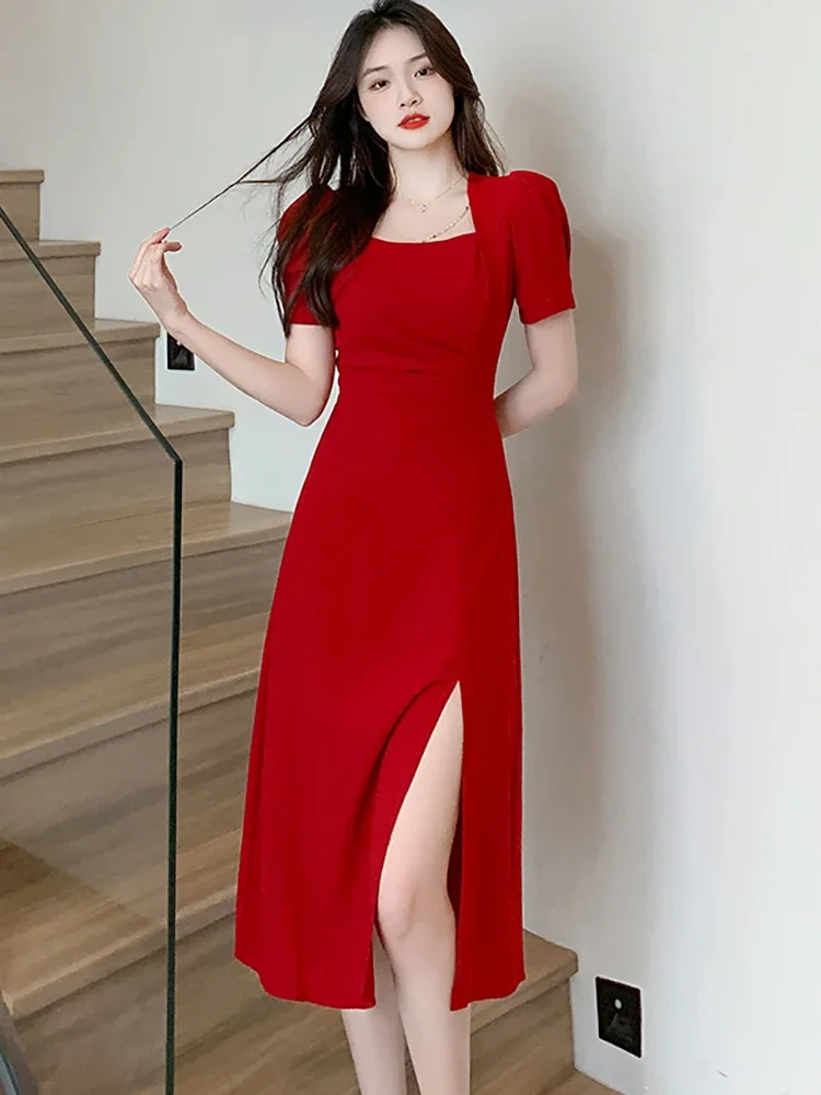 

Summer Red Chic Chain Square Collar Pleated Long Dress 2024 Black Kroean Vintage Hepburn Robe Women Dress for Official Occasions