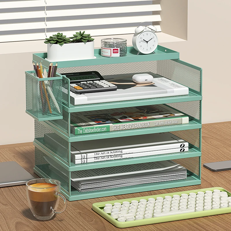 4-Tier Green Stackable Letter Tray Office Desk Organizer File Trays Desktop Holder for Paper Letter Accessories with Pen Holder storage racks file organizer desk mail organizer