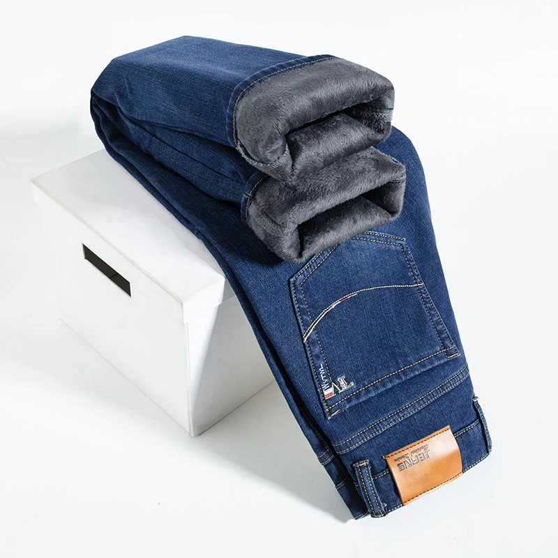 

Стрейчевые флисовые толстые теплые свободные прямые джинсы для осени и зимы мужские бриджи