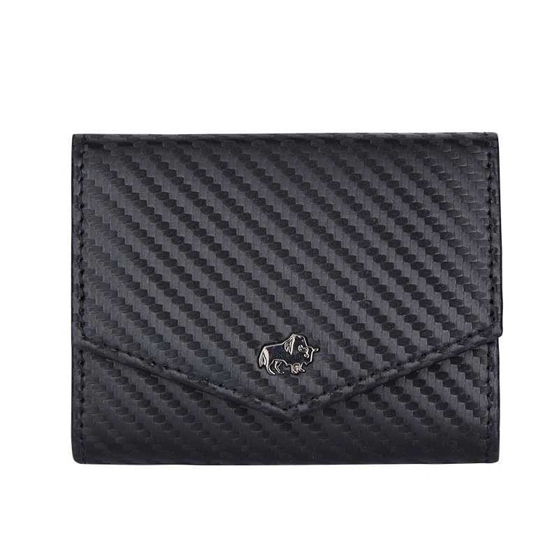 BISONDENIM Genuine Leather Short Wallets Card Holder Carbon Fiber Purses Money Clips Coin Mini Pocket Men Women Wallet 3