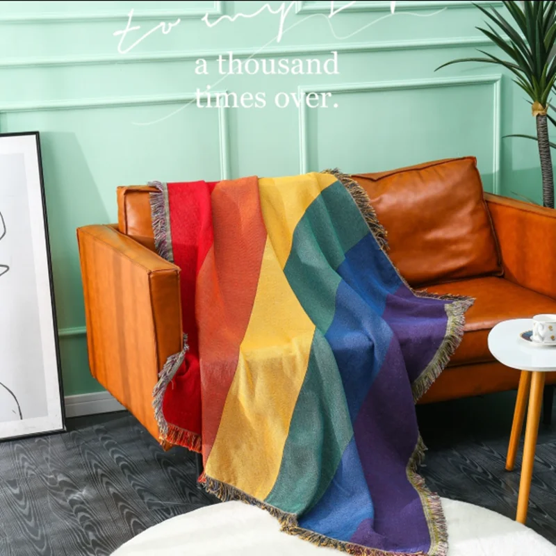 

Retro Color Geometric Sofa Cushion Non Slip Full Cover Sofa Towel Personality Ins Blanket Tassel Cover Blanket Window Cushion