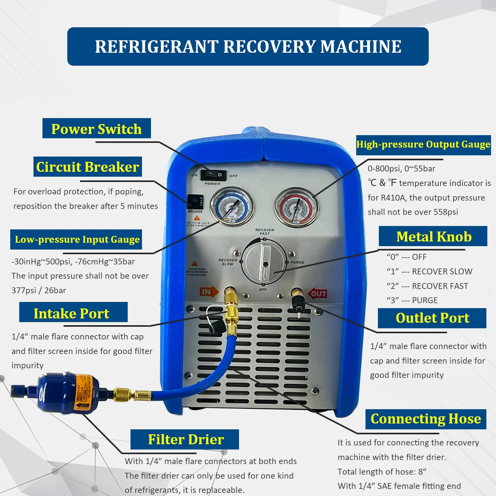 HVAC Automobile RR500 1HP Twin Cylinder Refrigerant Recovery Machine/Unit for R134a,R410a,R22