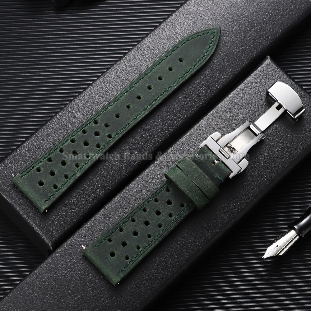 Vintage Leather Watch Strap - Universal Breathable Bracelet with Folding Buckle