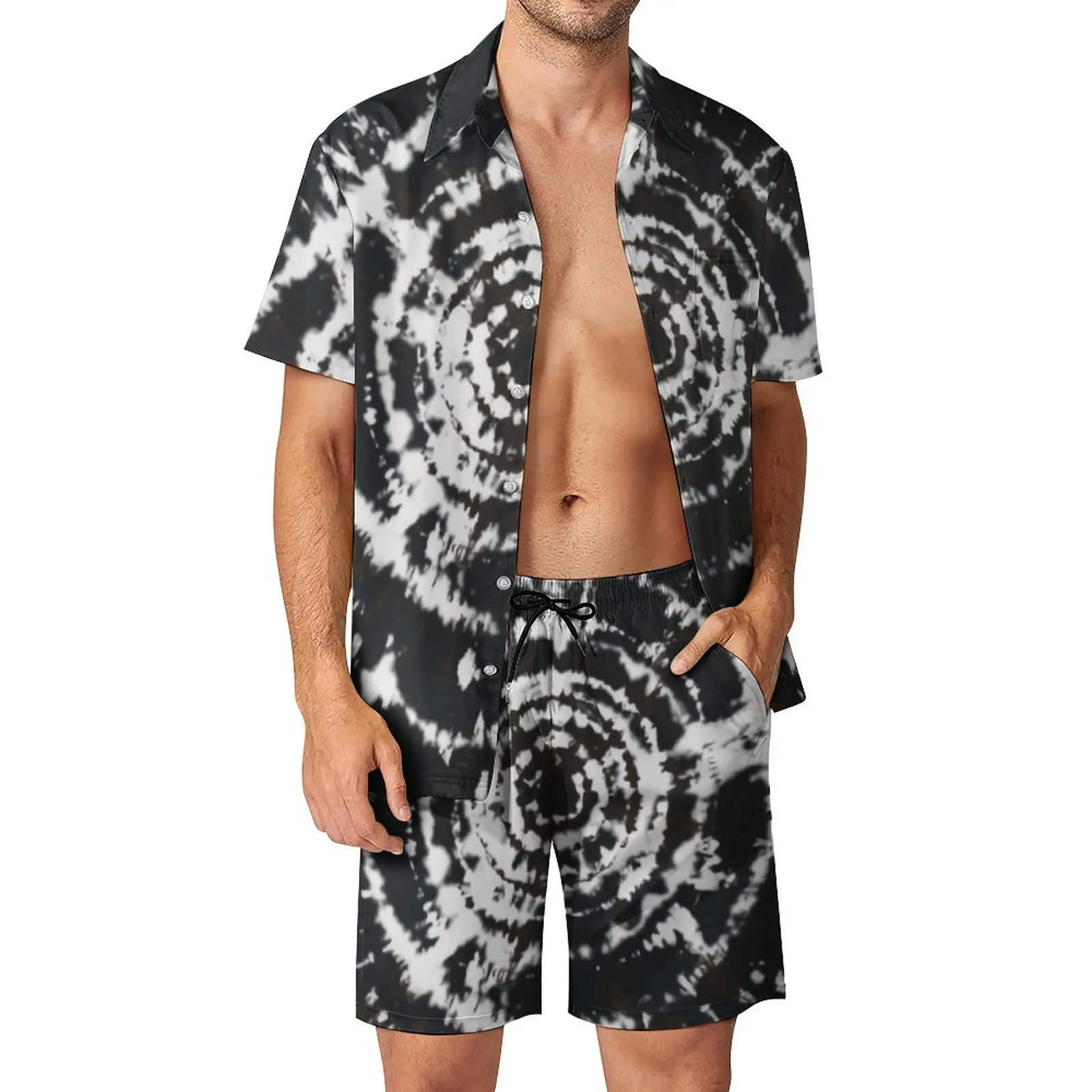 

Men's Beach Suit Black And White Bulls Eye Pattern Hippie Watercolor 2 Pieces Coordinates High Quality Shopping Graphic Vintage