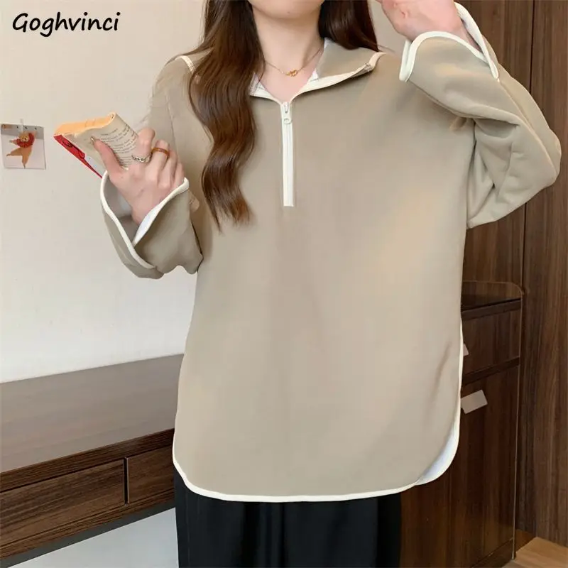 

With Hat Sweatshirts Women Panelled Casual Side Slit Female Clothes Korean Fashion Vintage Chic Long Sleeve Half Zipper Pullover