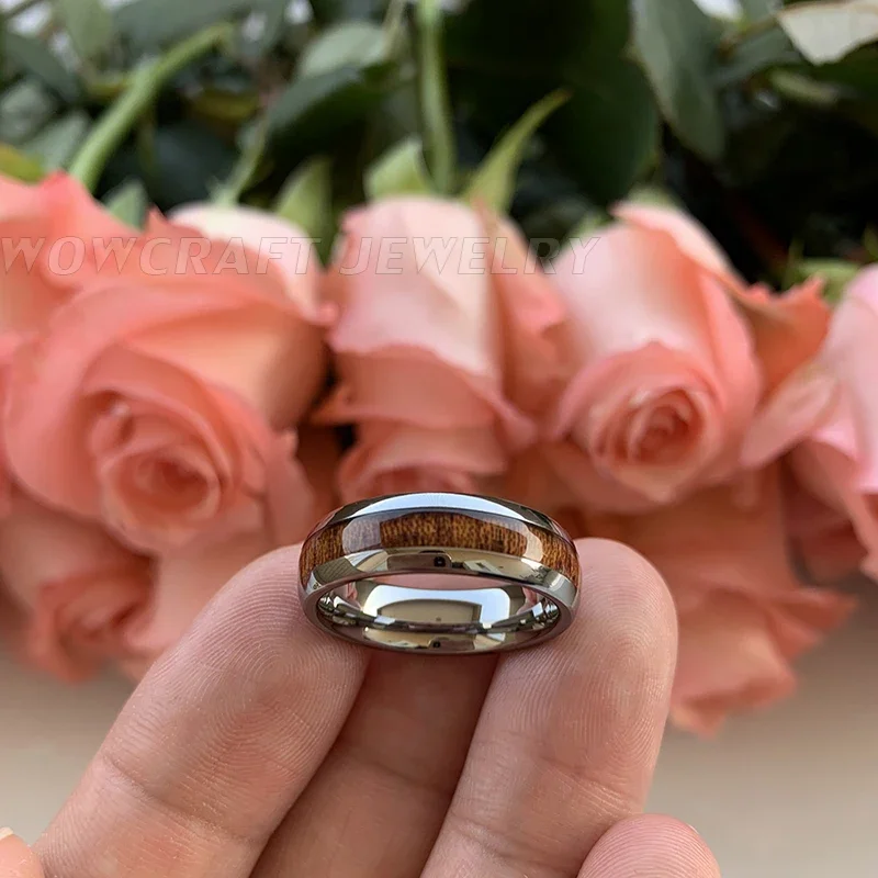 6mm Wood Inlay Tungsten Carbide Rings for Women Dome Band Polish Shiny Comfort Fit Vintage Wedding Bands