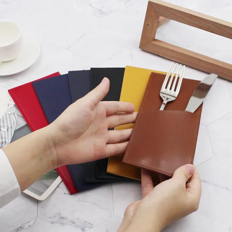 

Knife and Fork Holder Leather Cookware Organizer Solid Cutlery Bag Hotel Tableware Storage Bag PU Leather Table Decor