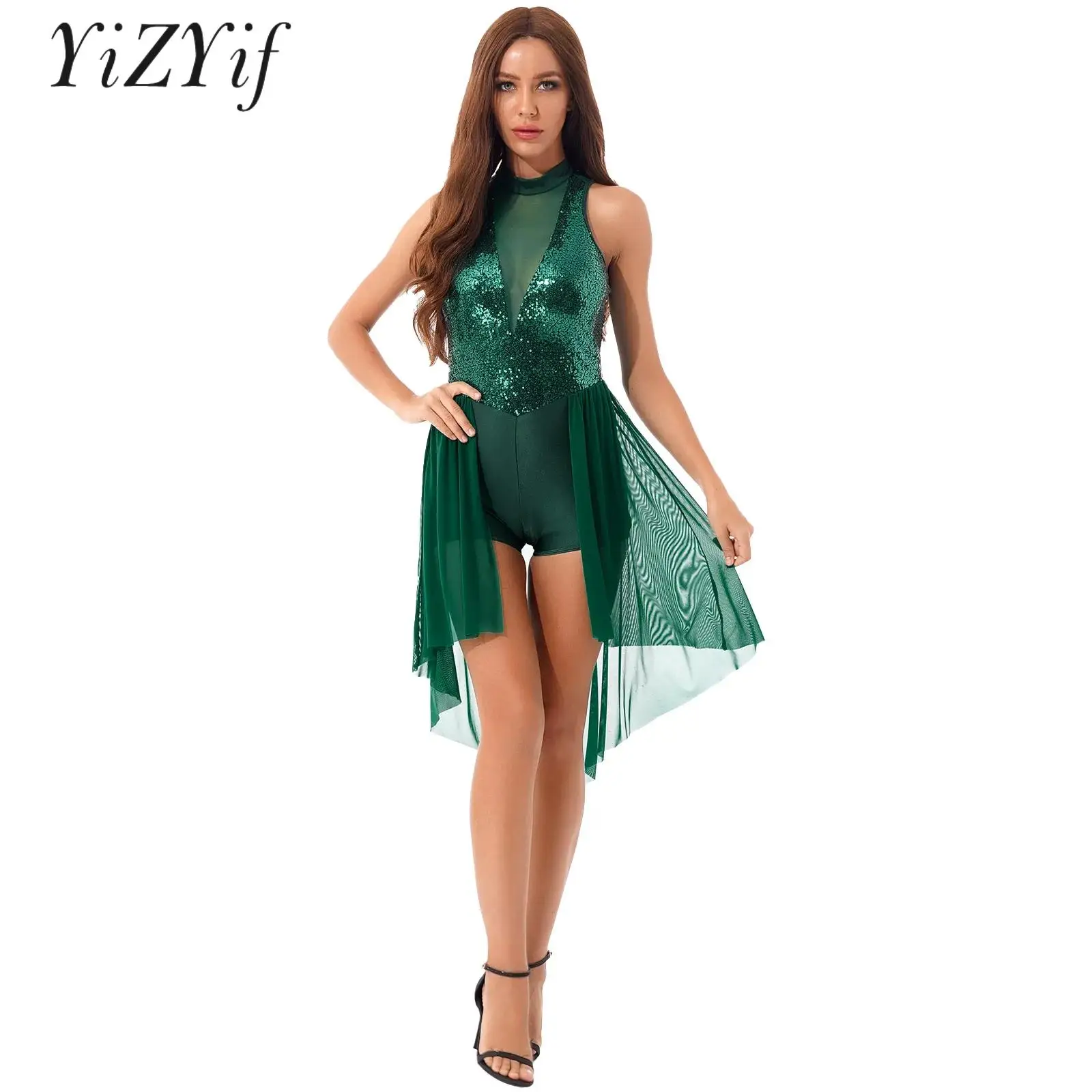 

Женское современное Lyrical танцевальное платье, блестящее боди с блестками, Сетчатое лоскутное боди, костюм для джазовых танцев и представлений