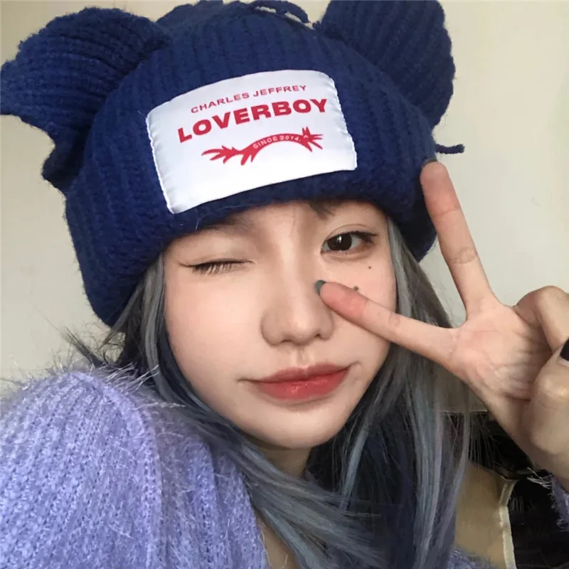 Gorro De Punto Con Orejas De Gato, Gorro De Lana Bordado Bonito Gorro Calido Para Otono