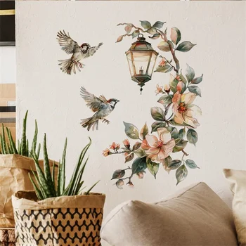 Lampada a sospensione a fiori colorati Adesivo da parete per uccelli per camera da letto Soggiorno Ingresso Decorazione di sfondo per la casa Autoadesivo 29 * 22 cm 1