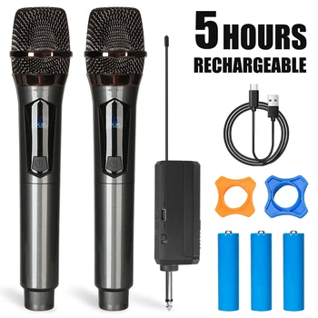 무선 UHF 마이크 핸드헬드 다이나믹 가라오케 마이크, 파티 가라오케 교회 쇼 회의용, 2 채널, 1200mAh 배터리