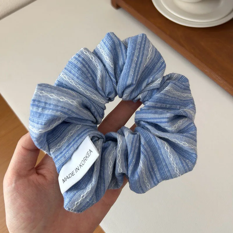 2024 Korea Mode Streifen Haar Gummibänder Mädchen Blau Scrunchie Elastische Große Haargummi Einfarbig Seide Haar Bands accessoires – Detail 5