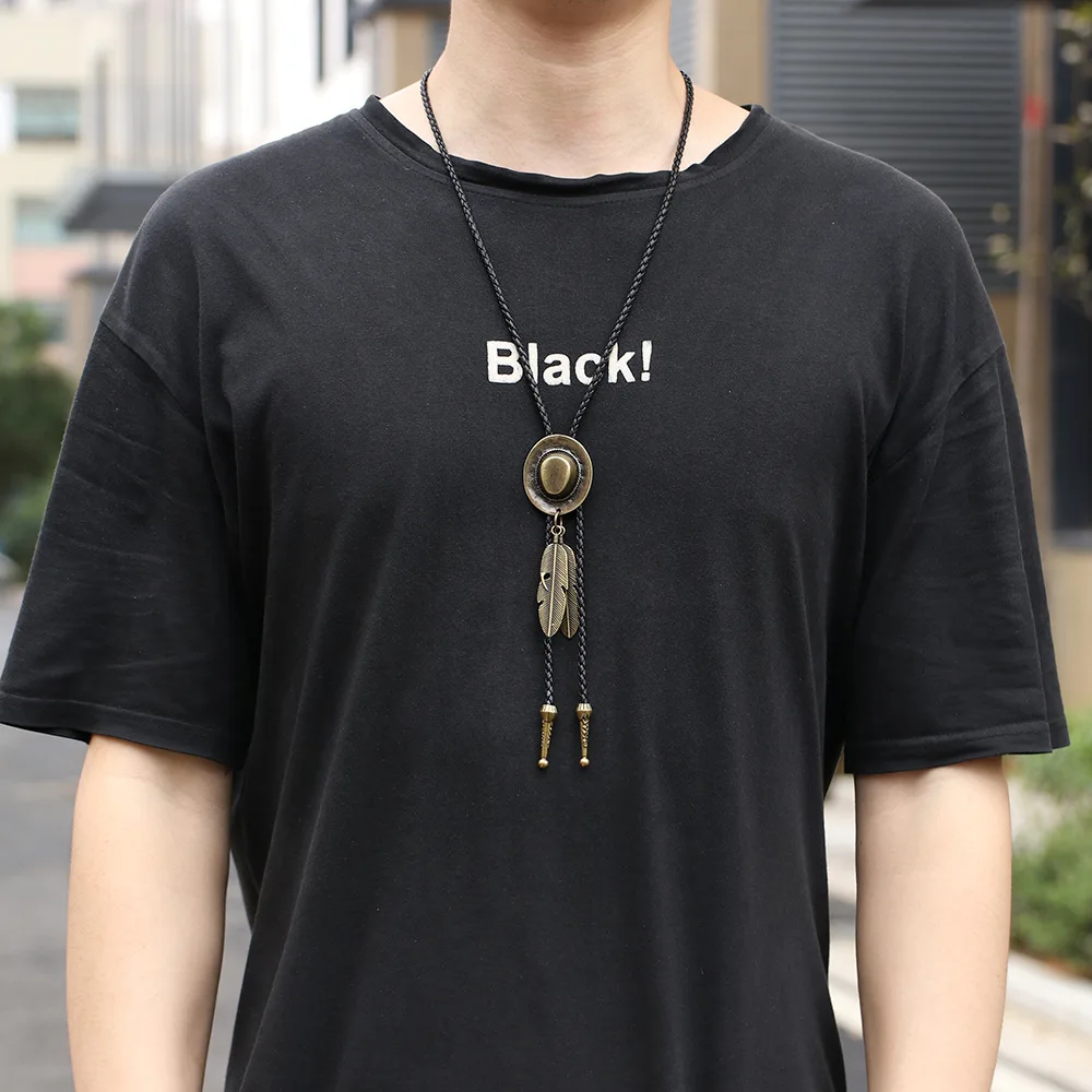 Vintage Cowboy Jazz Hat Alloy Bolo Tie Men Women Leather Rope Long Necklace Sweater Chain Shirts Accessories