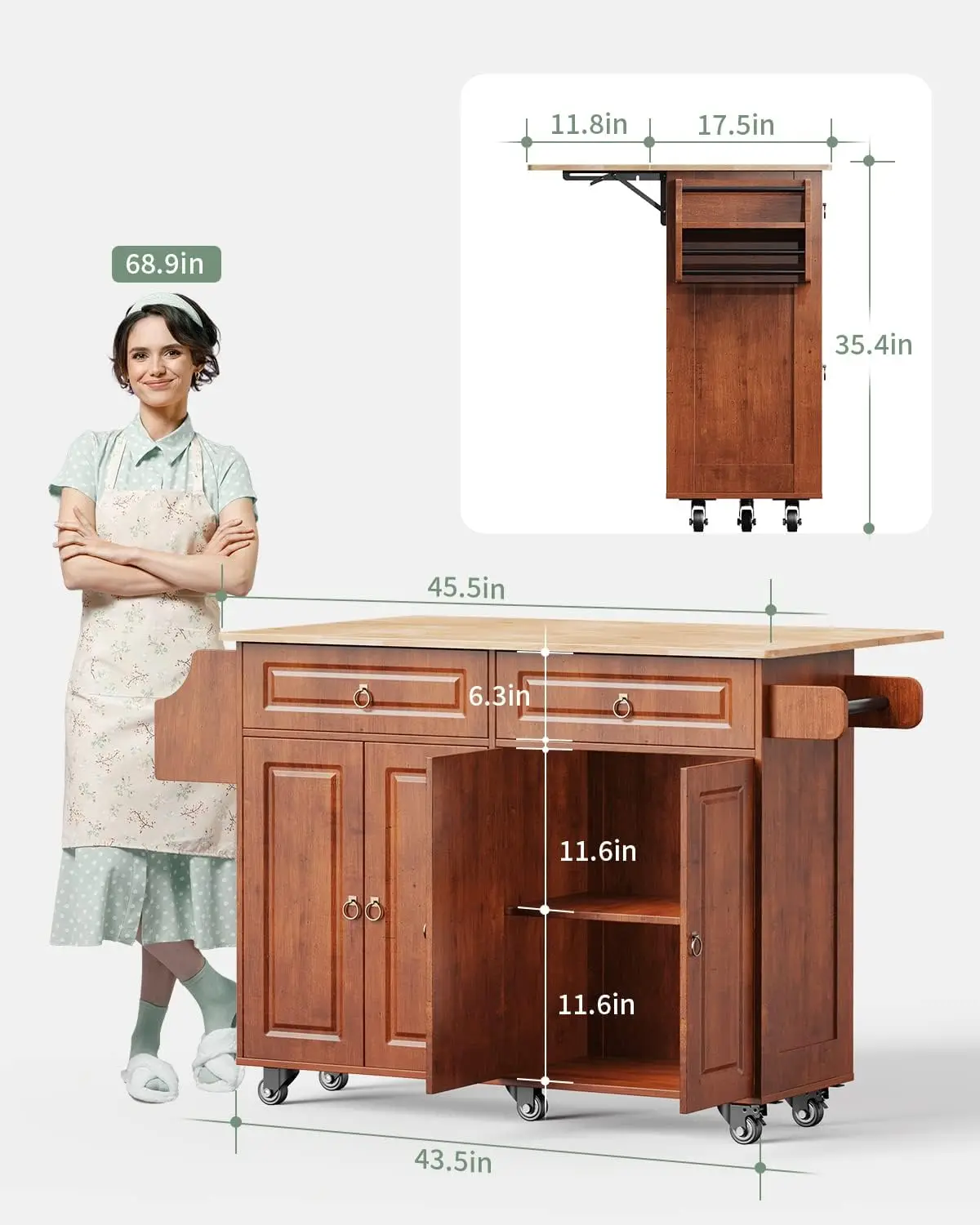 Kitchen Island with Drop Leaf and Storage on Wheels Two Drawers Large Storage Cabinet Towel Rack Spice Cart Brown