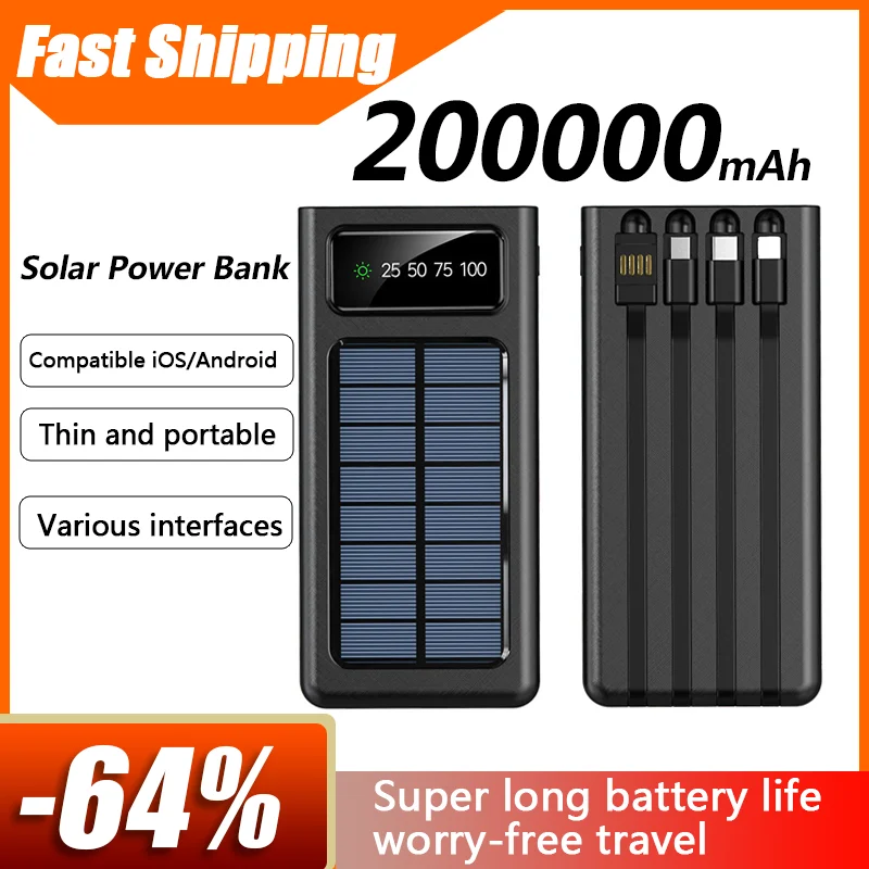Batterie Solaire Externe 200000mAh - Ultra Grande Capacité - Portable Avec Lanière - Neuve