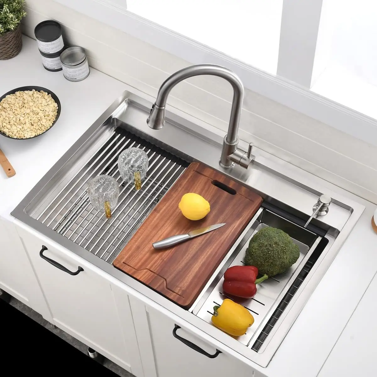 33 Inch Drop In Kitchen Sink Splash Guard Workstation - Single Bowl Kitchen Sink 16 Gauge Stainless Steel 10'' Deep Handmade 2