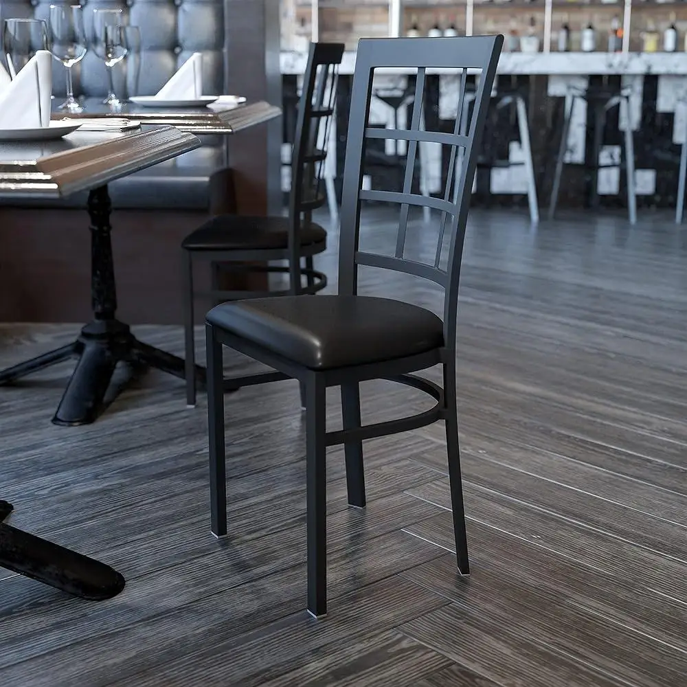 4 Pack Metal Restaurant Dining Chair Window Back Black Vinyl Seat Commercial Grade Durable Support 500 lbs Stylish Kitchen Bar 3