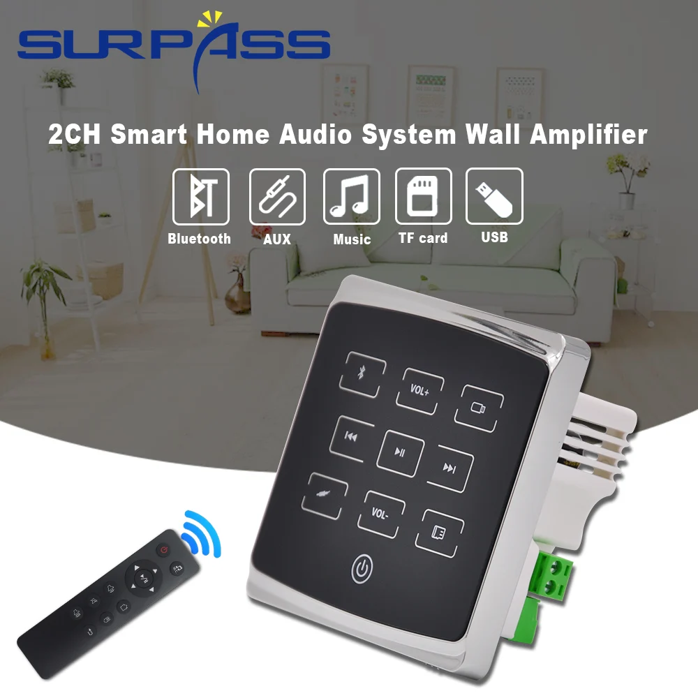 Smart Home Bluetooth Amplifier Mini In-wall Amplifier 2 Channel Output Power Home Background Music Audio Panel for House Hotel