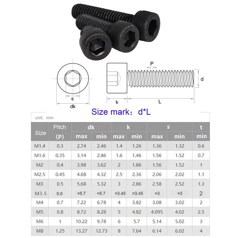 Din912 Allen Bolt Hex Socket Round Cap Head Screw Nut Kit M2 M3 M4 M5 M6 12.9 Grade Black Hex Hexagon Bolt Nut Assortment Set