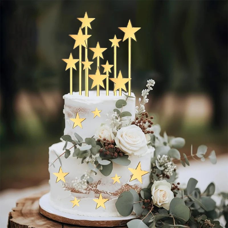 24Pcs Acrylic Gold Star Cake Toppers for Kids Birthday Party Cake DIY Decoration Wedding Christmas Cake Decorating Tools Kit