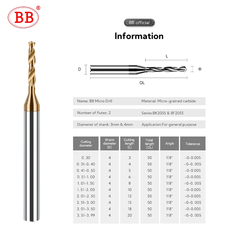 BB 마이크로 드릴 미니 코팅 솔리드 카바이드 비트, 금속 다리미 스틸 홀 드릴링, 3x D 절단 길이 D = 4mm CNC 공구, 2.03-3.75mm, 1 개