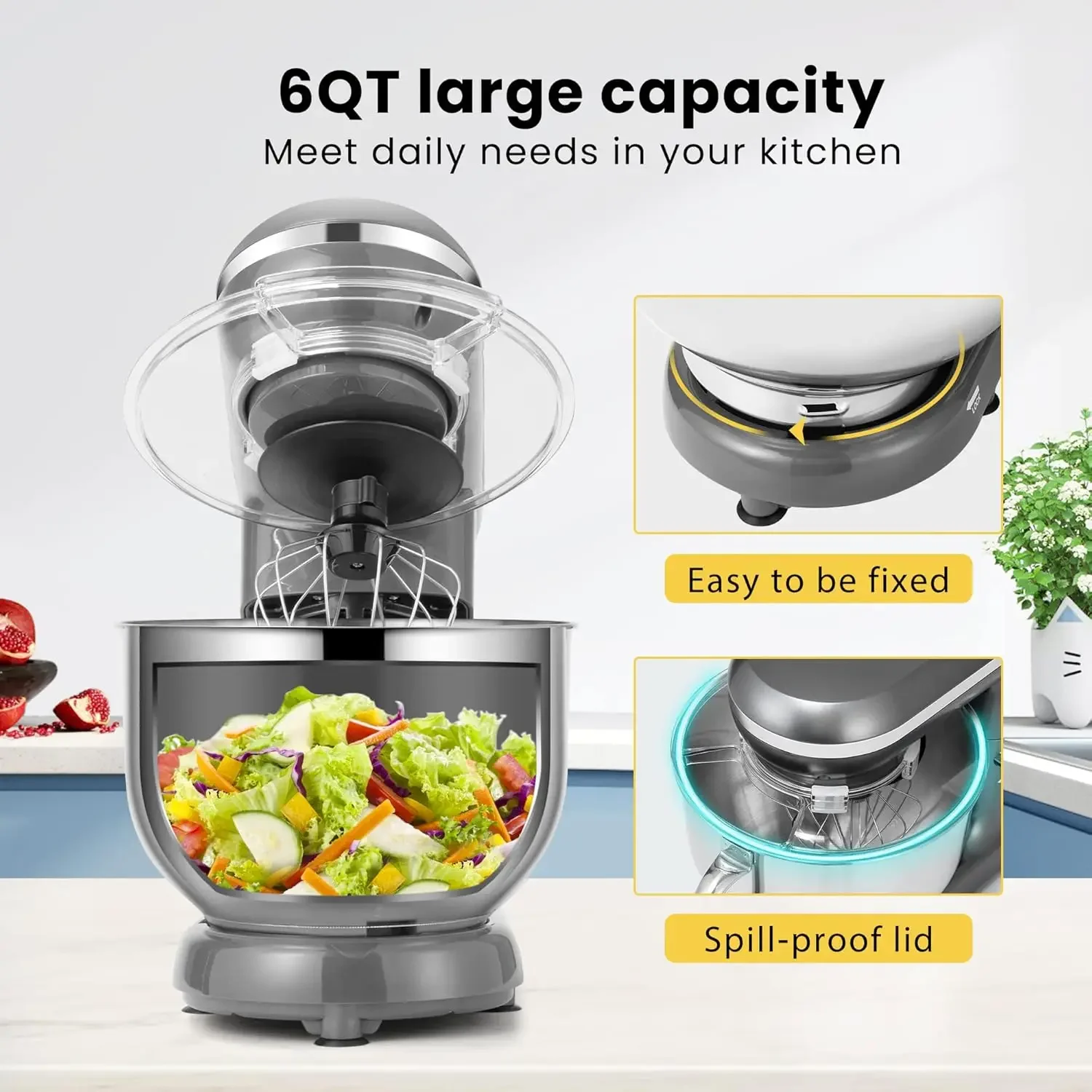 NEW 660W 10 Speed 6 Quart Tilt-Head Kitchen Electric Food Mixer with Beater, Dough Hook, Wire Whip and Egg Separator, Gray 2
