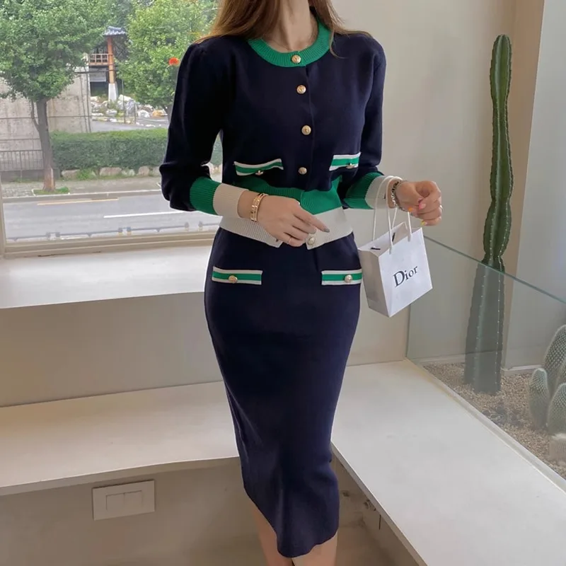 

Spring Fashion Color Matching Knitted 2-Piece Set Woman's Trendy Slim Outfits O-neck Cardigan Sweater+Pencil Skirts Suit