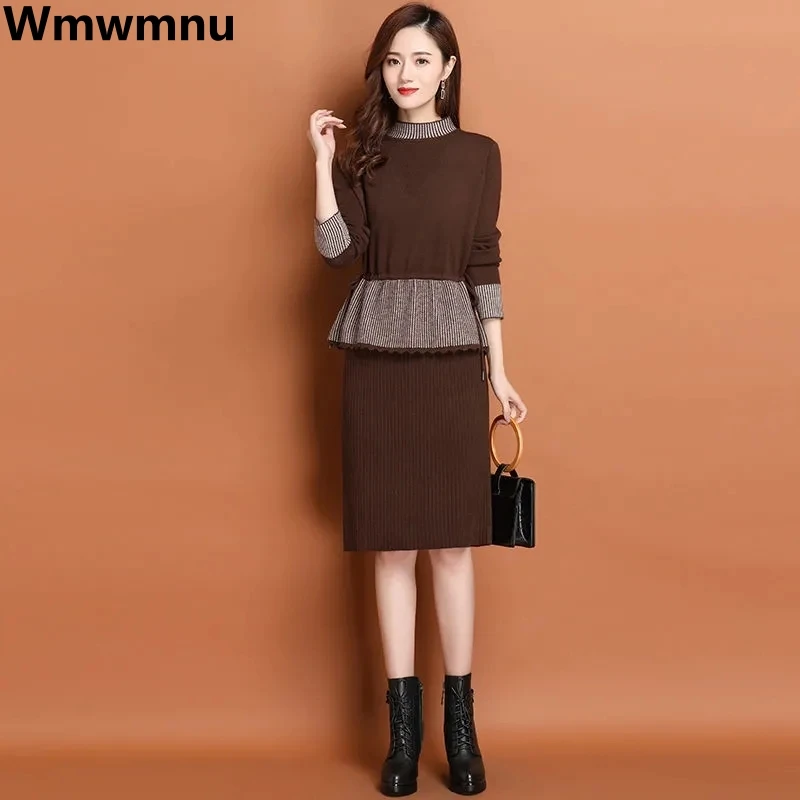 

Thick Fake 2 Piece Knitted Dress Half Turtleneck Midi Lace-up Vestidos Winter Knitwears Bottoming Dresses Elegant Sweater Robe
