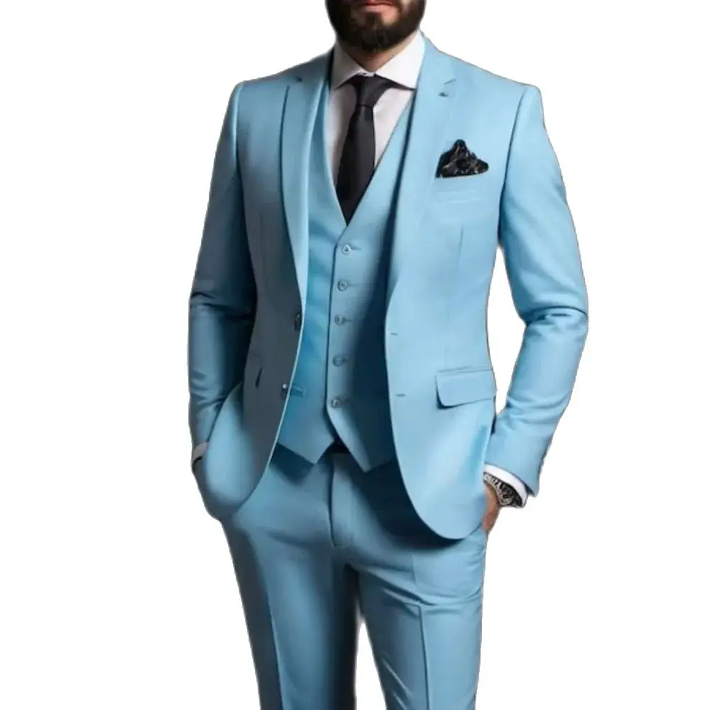 Elegant Wedding Blue Men Suits High Quality 3 Piece Jacket Pants Vest Single Breasted Notch Lapel Male Clothing Costume Homme