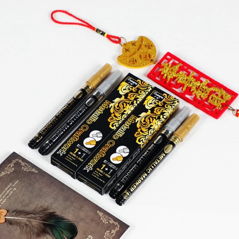 

Haile 2pcs/Set DIY Permanent Metal Paint Marker Pens Gold and Silver 2.0-3.0mm Student Supplies Craftwork Pen Art Painting Tool
