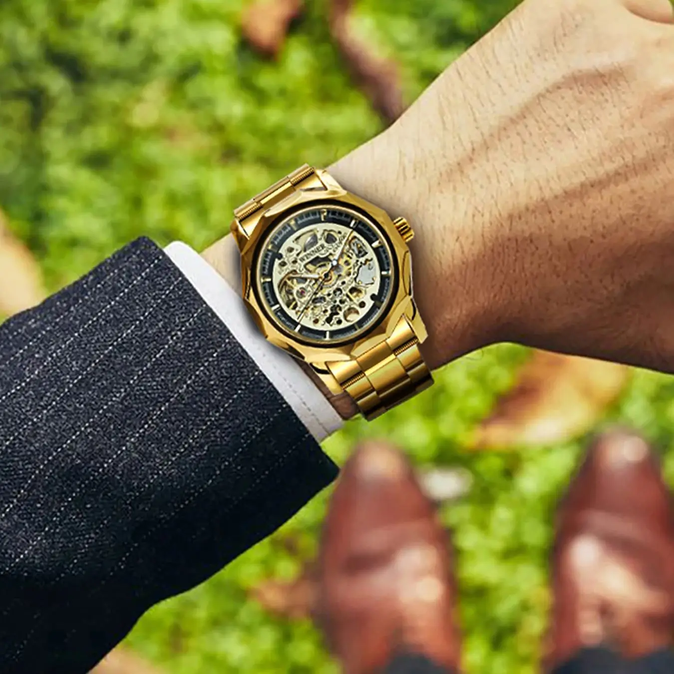 Luxury Gold Skeleton Automatic Men's Watch with Stainless Steel Strap
