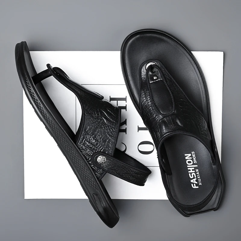 Outdoor Leather Summer Flip-flops Breath Casual Slip on Flats Dual-Purpose Men Sandals Comfort Slippers Quick Dry Male Half Drag
