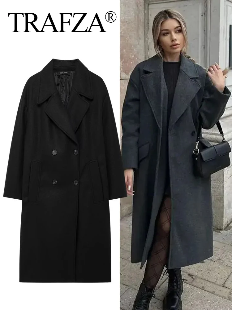 معطف صوفي سميك دافئ للنساء من TRAFZA 2025 سترة طوي...