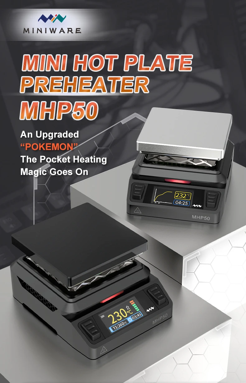 MINIWARE MHP50 Mini Hot Plate Preheater 50*50mm Heating Area Constant Temperature Heating Table 350℃ Intelligent Heating Tool 2