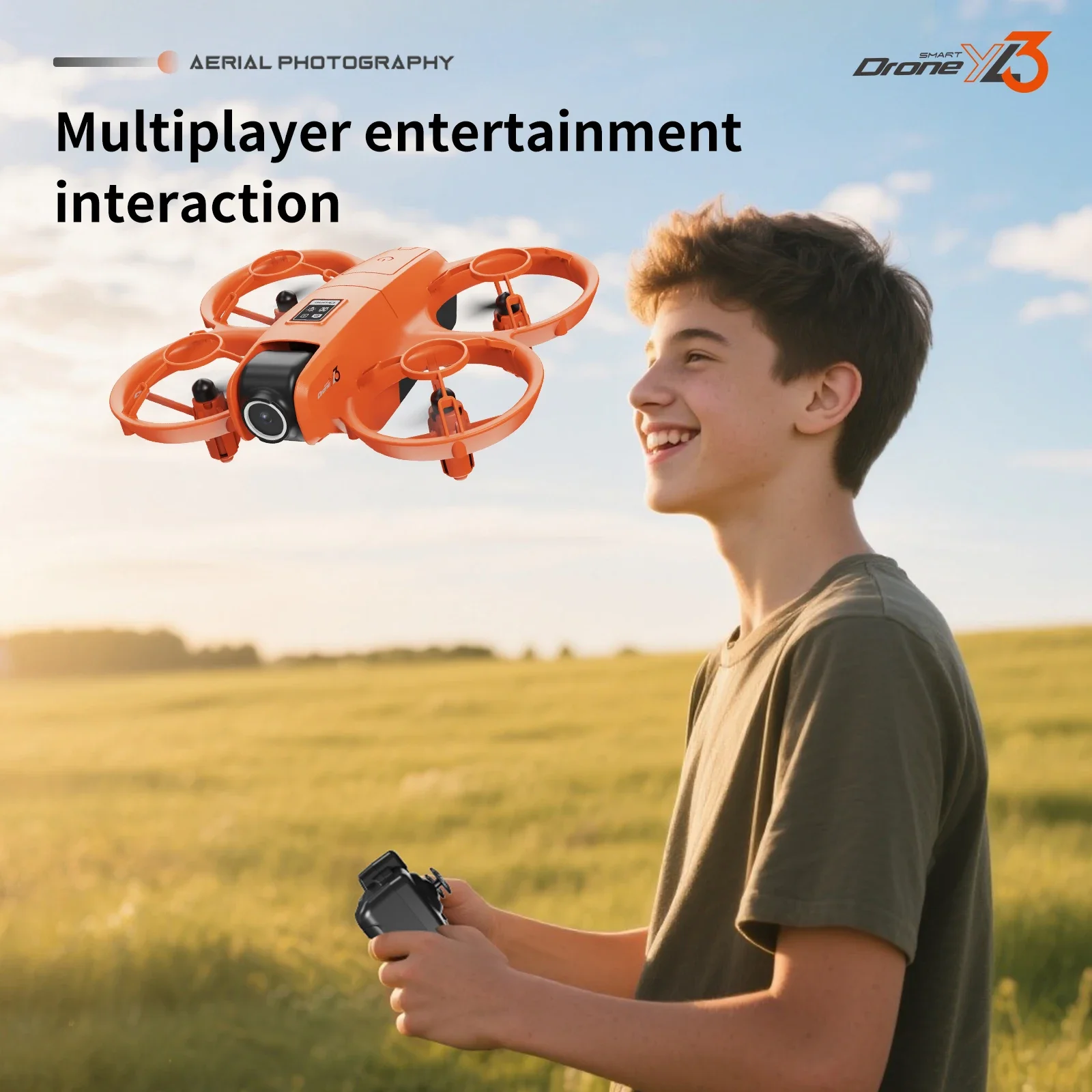 Drone 8K avec caméra HD et stabilisation posé sur une table, avec télécommande à côté.