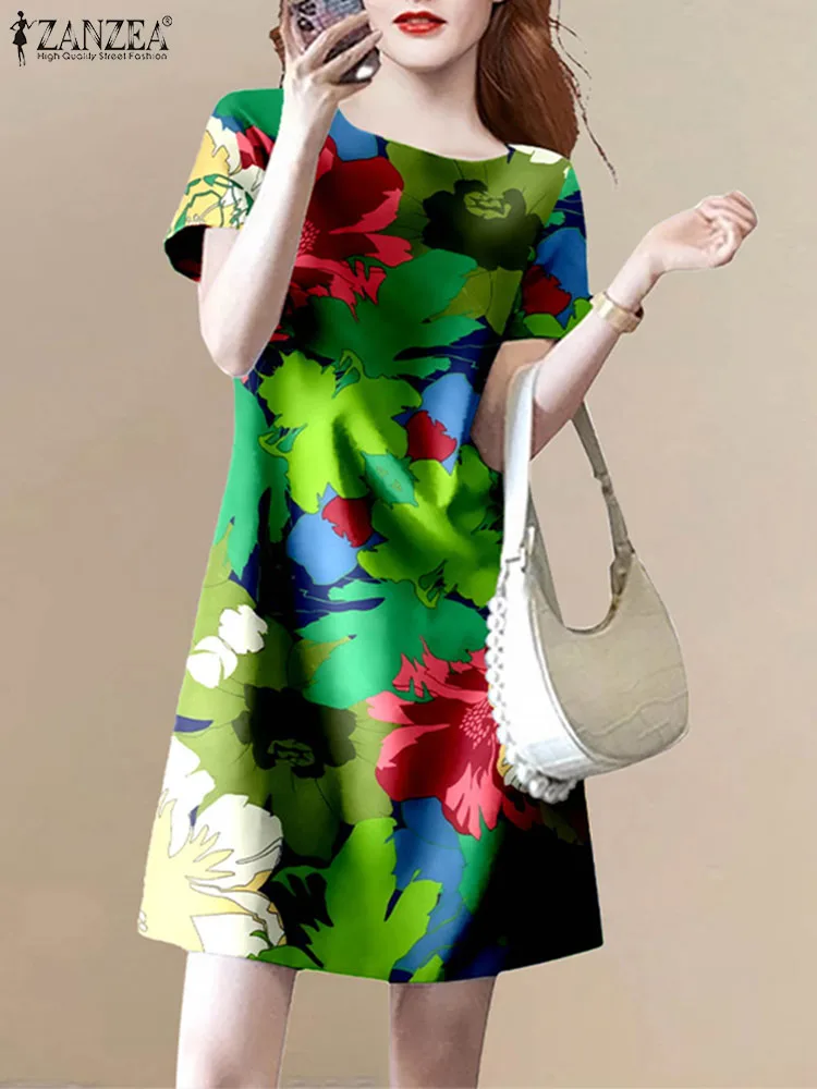 

Летний стильный мини-сарафан с цветочным принтом ZANZEA 2024, Женский Повседневный праздничный пляжный сарафан большого размера с коротким рукавом