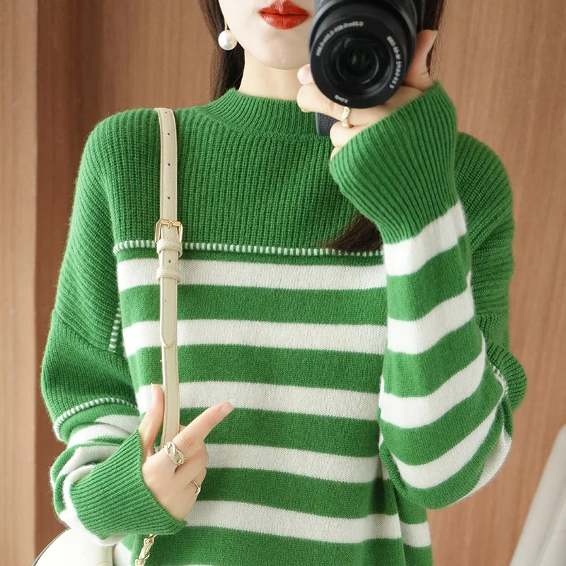 

100% wool sweater women's O-neck pullover 2022 autumn and winter new colorblock knitted top casual fashion sweater women